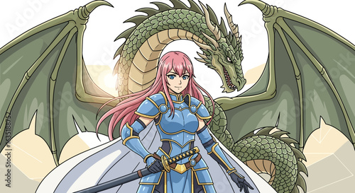Anime Knightess Protected by Verdant Dragon in Fantasy Light