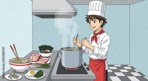 Anime Chef Cooking Ramen In The Kitchen And Smiling
