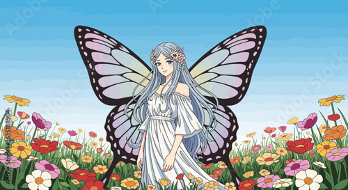 Fairy In A Floral Meadow With Butterfly Wings And Pastel Colors