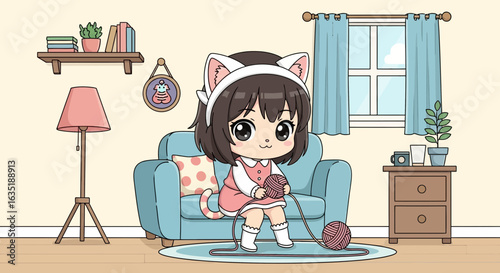 Chibi Cat Girl Relaxing On Sofa With Ball Of Yarn At Home
