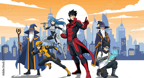Diverse Team Of Superheroes Against a Cityscape Background At Sunrise