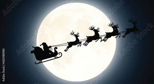Vector art of santa claus riding in his sleigh with reindeer in front of the full moon