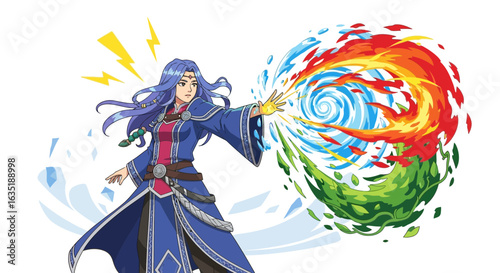 Sorceress Conjuring Elemental Magic with Water Fire and Green Energy