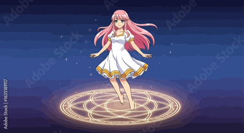 Enchanting Anime Girl With Pink Hair Floating Above Mystical Circle