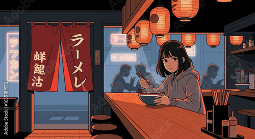 Aesthetic Illustration Of Girl Enjoying Ramen In Cozy Restaurant