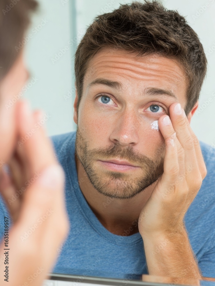 Obraz premium Man Applying Eye Cream While Looking in Mirror in a Bright Bathroom During Morning Routine