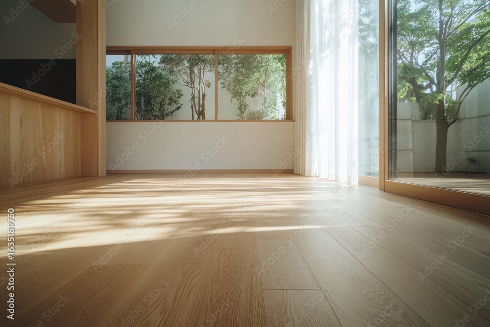 Fototapeta premium Bright modern interior with light wood floor and sunlight through windows