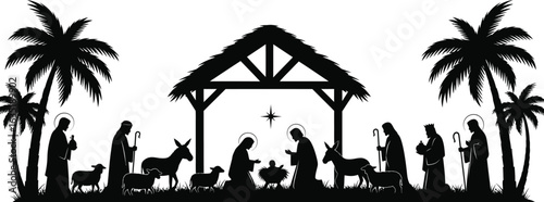 Vector art of nativity scene with baby jesus, mary and joseph isolated on white background