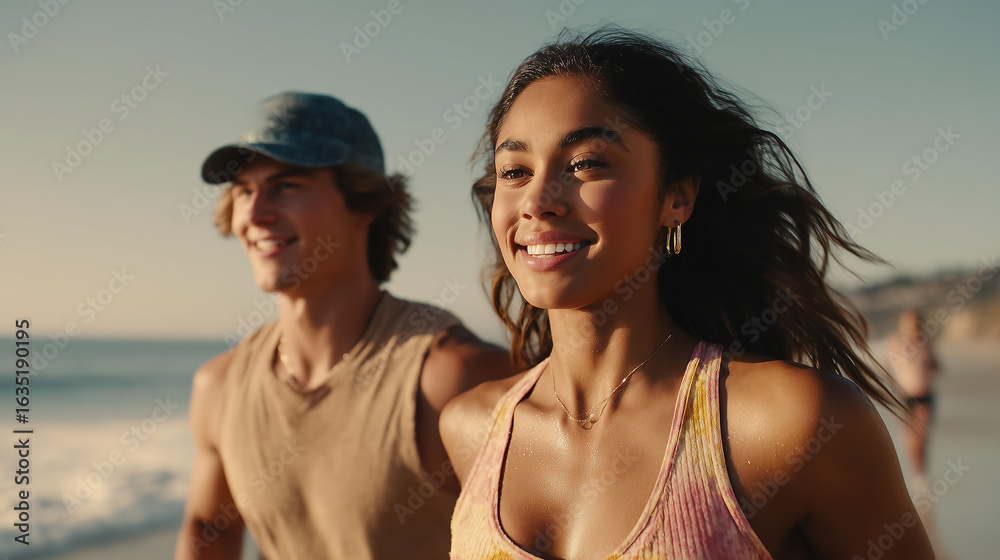 Fototapeta premium Happy couple enjoy a walk on the beach during golden hour. 