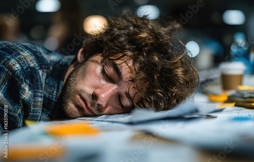 A scene of a person lying on documents to sleep and rest, suitable for corporate employee care and as an illustration for tweets from psychological counseling institutions.
