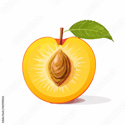 Detailed illustration of a peach half with a visible pit and a single leaf on a white background