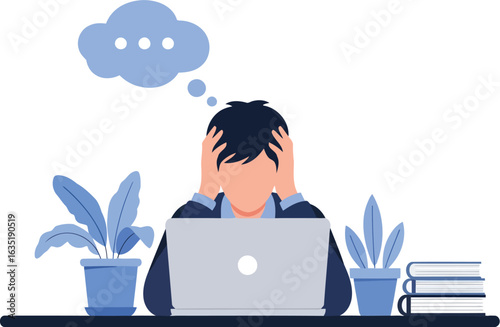 Vector art of stressed man working on computer at desk isolated on white background