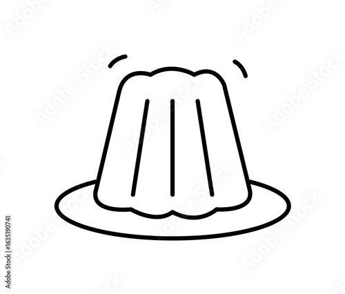 Simple line drawing of a wobbly, molded gelatin dessert served on a plate.