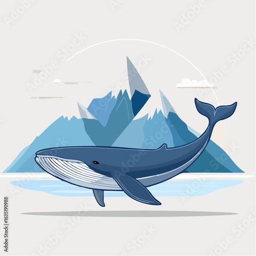 Majestic Whale Illustration with a Snowy Mountain Backdrop in Minimalist Style