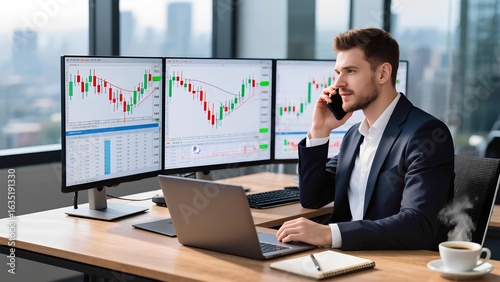 Stock Market Trader Analyzing Charts on Multi-Screen Setup in Modern Office Environment