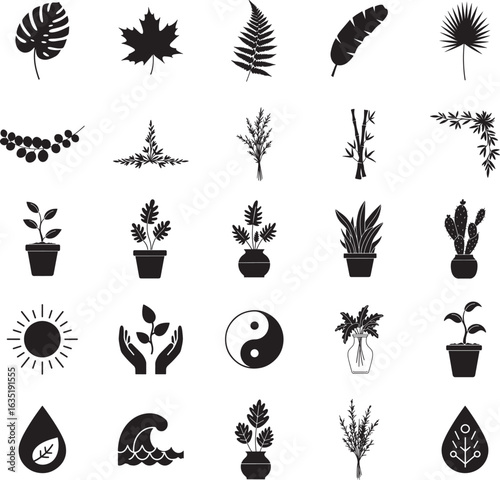Biophilic Design and Botanical Nature Silhouette Icon Set