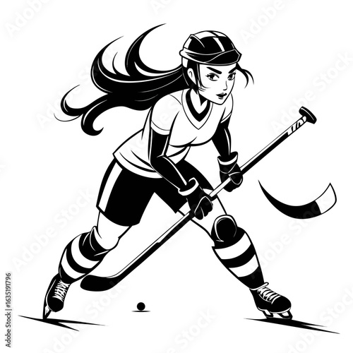 Dynamic illustration of a female hockey player in action on the ice with a puck