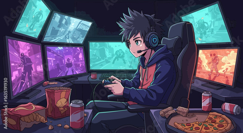 Immersed Gamer Boy Enjoying Action On Multi-Monitor Setup
