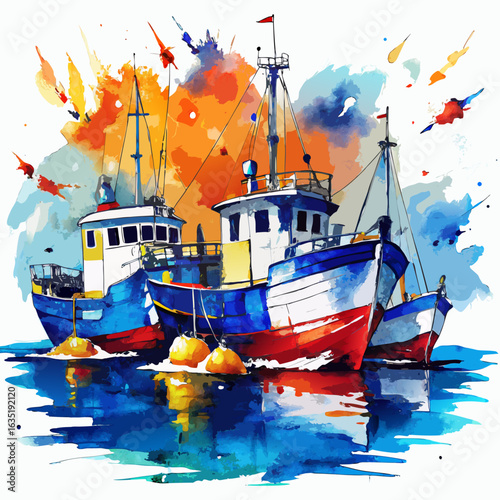 Vibrant watercolor painting of three colorful fishing boats docked at sea with splashes of orange and blue