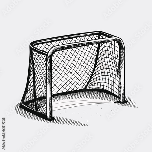 Hand drawn sketch of a hockey goal net with a net and frame on a white background