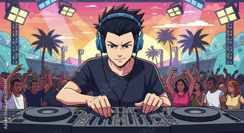Ecstatic Crowd Enjoying Dj Playing Music At Beach Summer Festival