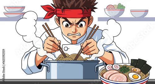 Concentrated Chef Prepares Delicious Ramen Dish with Passionate Dedication