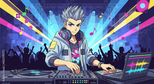Dynamic Dj Mixing Music Performing at Party Anime Cartoon Style