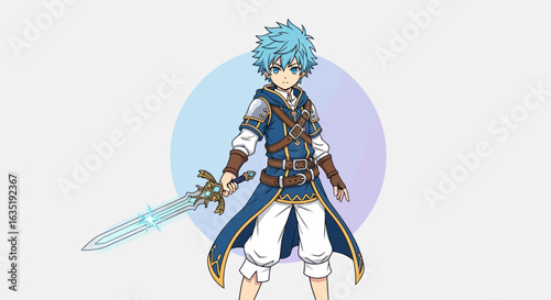 Young Warrior Ready for Battle with Magical Sword in Fantasy Setting