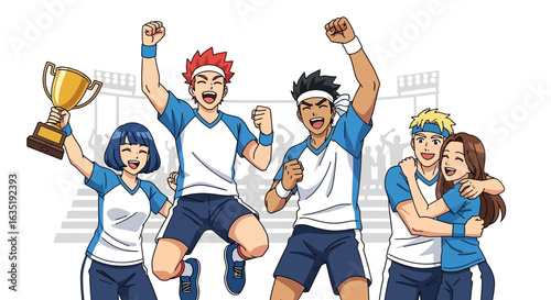 Victorious Sports Team Celebrates Championship Win Cartoon Style
