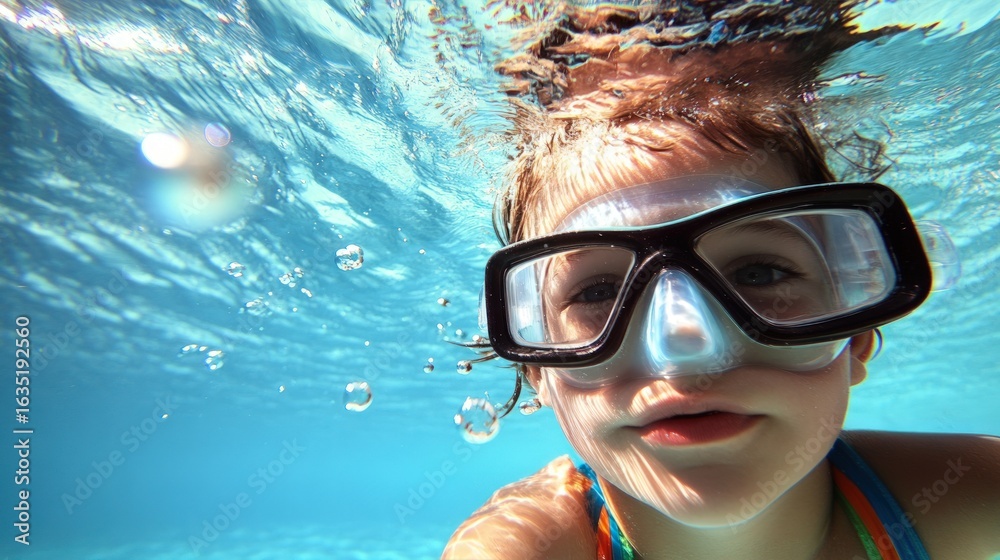 Fototapeta premium Underwater swimming adventure with goggles in clear blue water