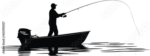 Vector art of silhouette of a fisherman fishing from a boat isolated on white background