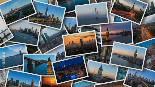 Collection of travel photographs showcasing iconic city skylines and landmarks from around the world