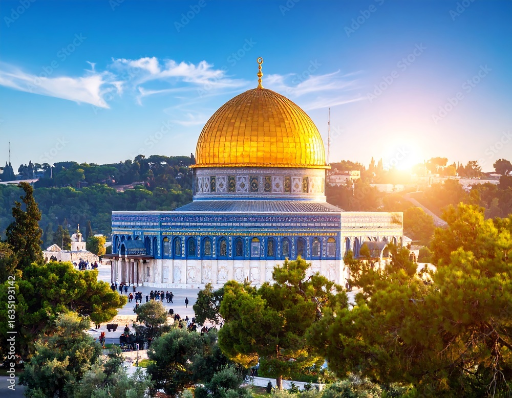 Fototapeta premium Golden dome mosque at sunset