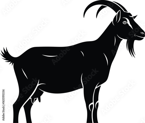 Black goat silhouette vector illustration, farm animal profile with horns and beard, minimalist livestock mascot for dairy and agriculture branding