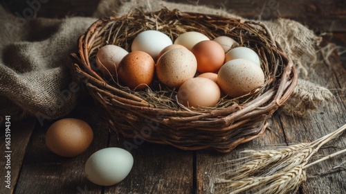 Assortment of eggs in a rustic nest