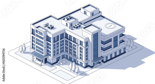 Architectural isometric illustration of a modern hospital or clinic building with a rooftop helipad.