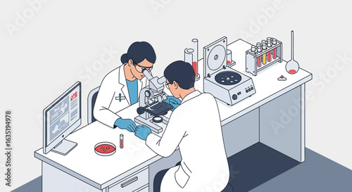 Two scientists collaborating in a modern laboratory, conducting detailed analysis and scientific research with a microscope.