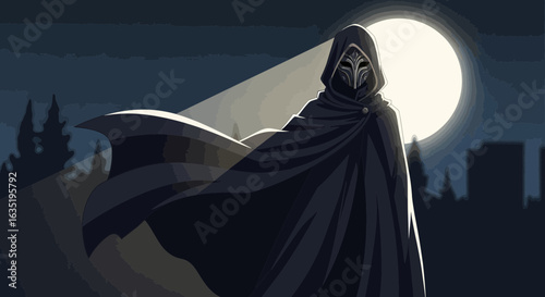 Mysterious Figure Cloaked Against The Moonlight Silhouette in the City