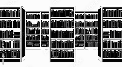 School black and white library illustration with bookshelves full of books for reading and study concept art vector