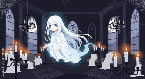 Ethereal Anime Ghost Haunting A Spooky Gothic Mansion Scene