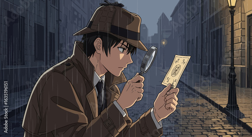 Anime Detective Investigating Clue On Rainy Street At Night