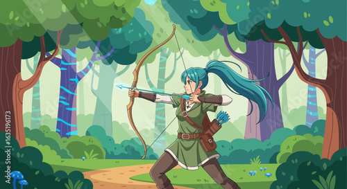 Focused Archer Practicing in Lush Forest Illustration