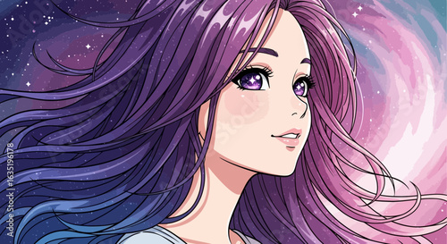 Anime Girl With Galaxy Hair Staring into the Starry Universe