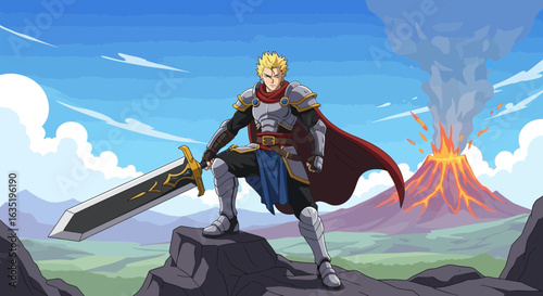 Brave Knight Standing Guard Before Volcanic Eruption Adventure Fantasy