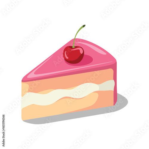 Pink frosted cake slice with cherry topping and cream filling dessert sweet