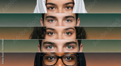 A layered image showcasing close up views of different sets of eyes from diverse individuals faces