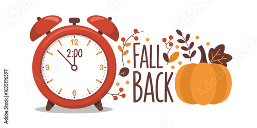 Red alarm clock with fall foliage and pumpkin time