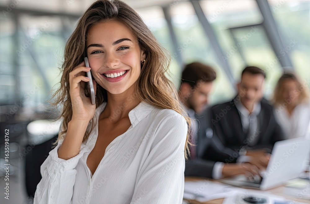 A beautiful businesswoman is on the phone, smiling while standing in front of her team at work. A beautiful businesswoman is on the phone, smiling while standing in front of her team at work.