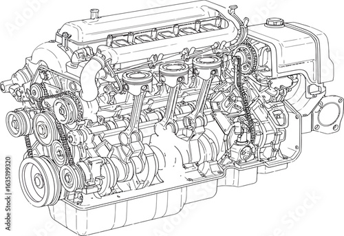 Engine Drawing: Detailed Automotive Motor Diagram and Blueprint