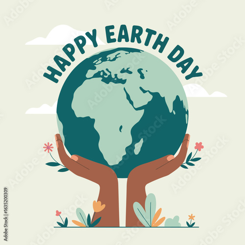 Gentle hands cradle planet earth surrounded by blooming flowers and fluffy clouds holding